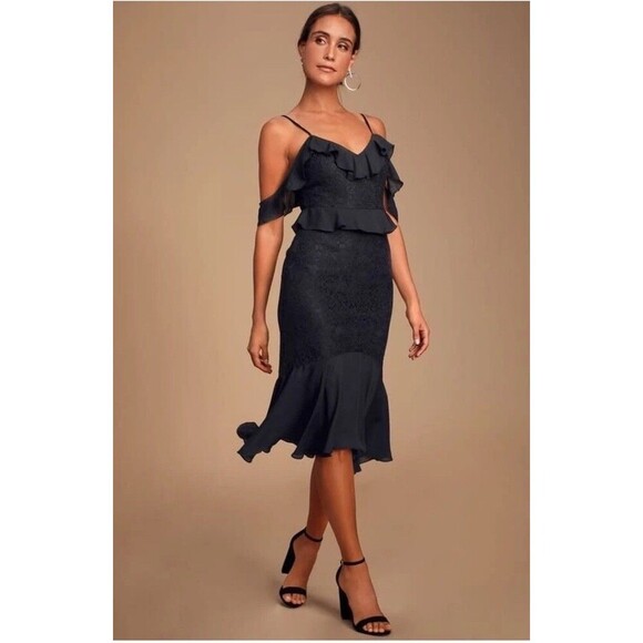 Lulu’s XS Romance Dance Floral Lace Embroidered Off Shoulder Midi Ruffle Dress - Picture 1 of 11